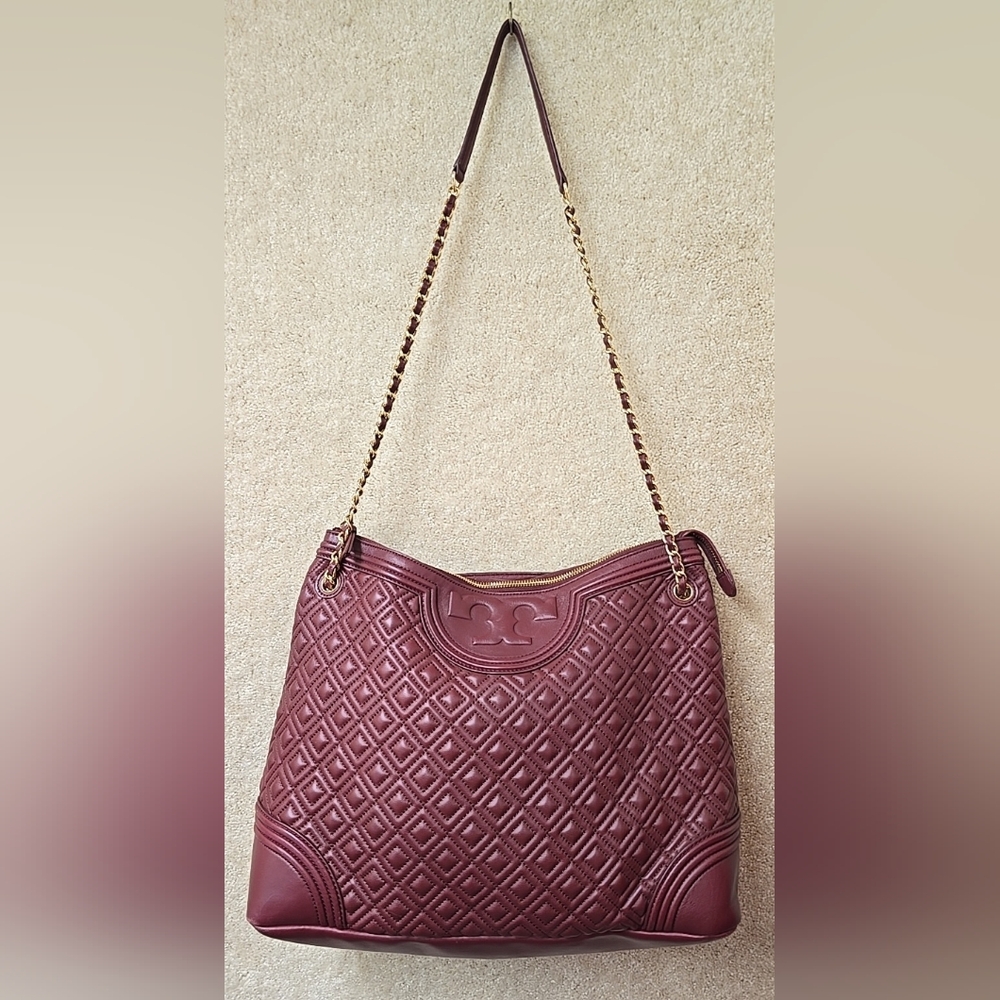 $598 Tory Burch Deep Berry Burgundy Quilted Leather Slouchy Tote Bag EUC